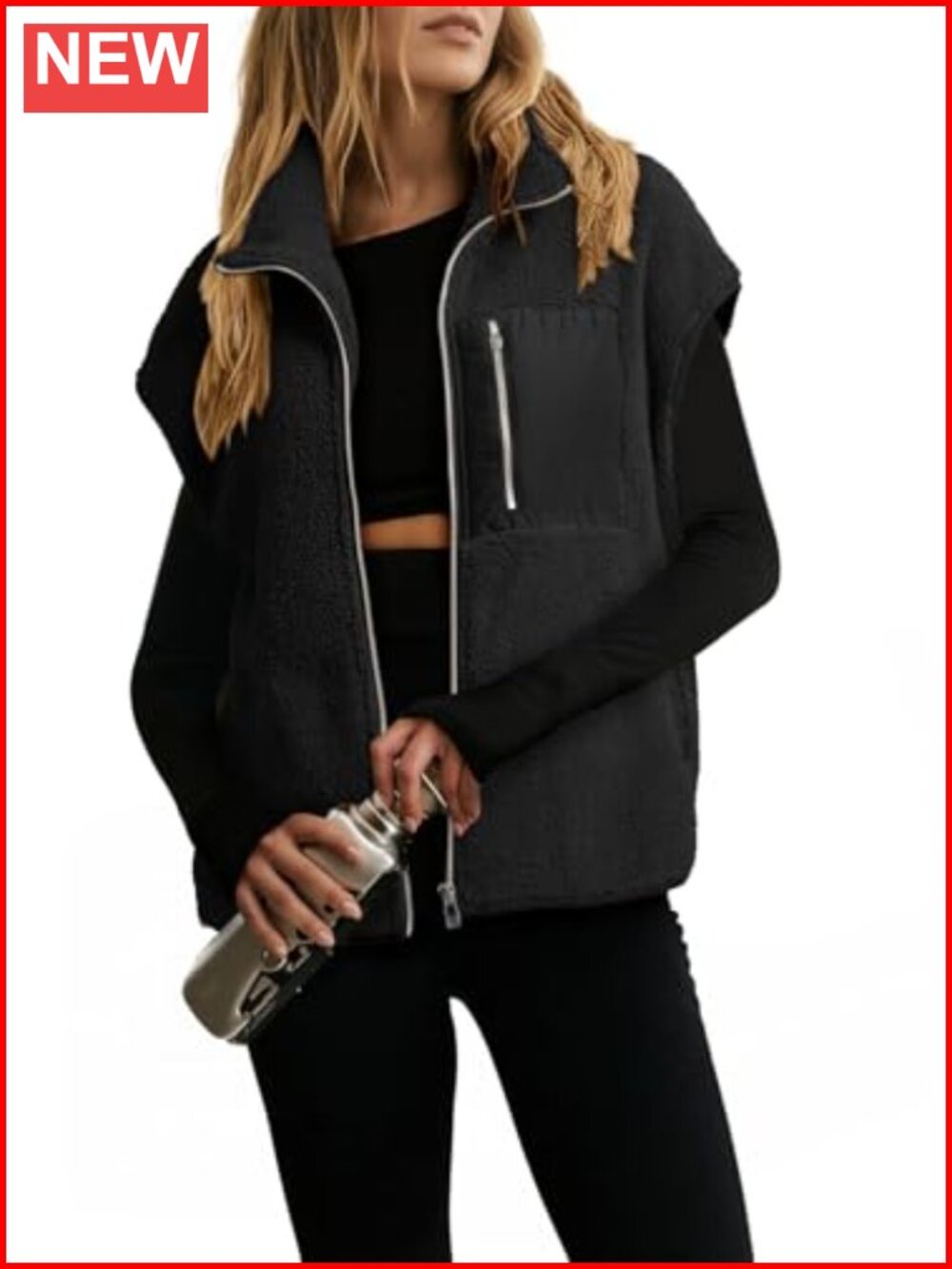 Sherpa Fleece Zip Up Vest Oversized Casual Layering Jacket